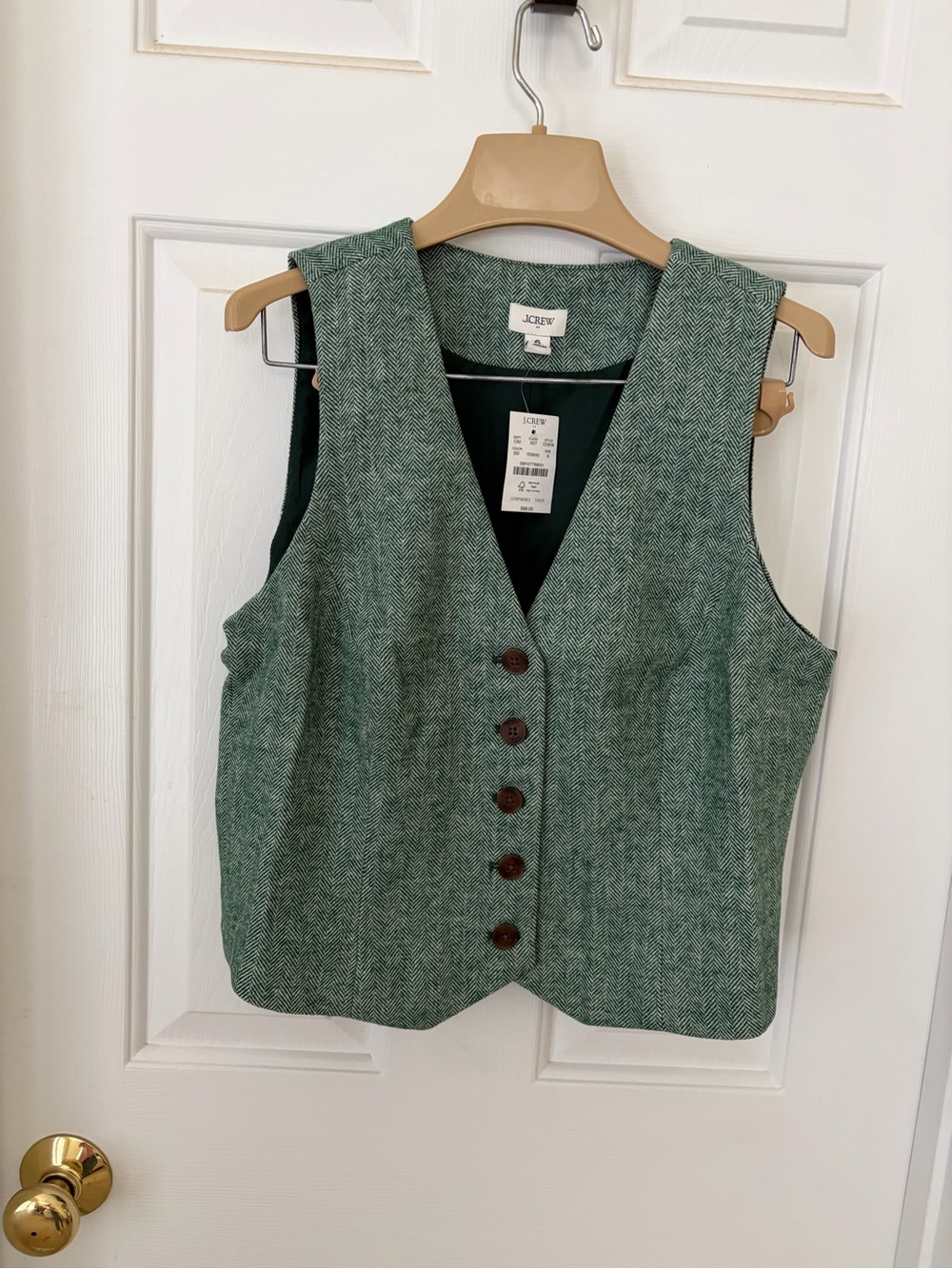 NWT J. Crew Green Herringbone Button-Front Vest